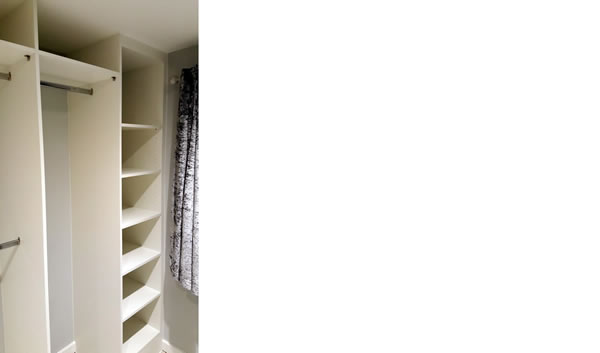 Walk-in door less wardrobe with top shelf, mix hanging rails & shelf unit with 7 adjustable shelves in White  