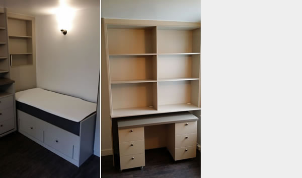  Wall shelves, bed with drawers and pullout desk.