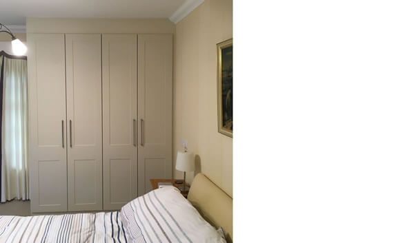 Two double wardrobes in Matt Mussel with Shaker Style hinged doors