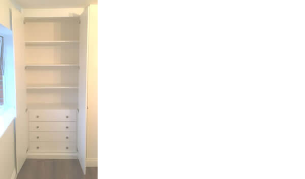 Double Wardrobe with shelves and chest of drawers - doors open.