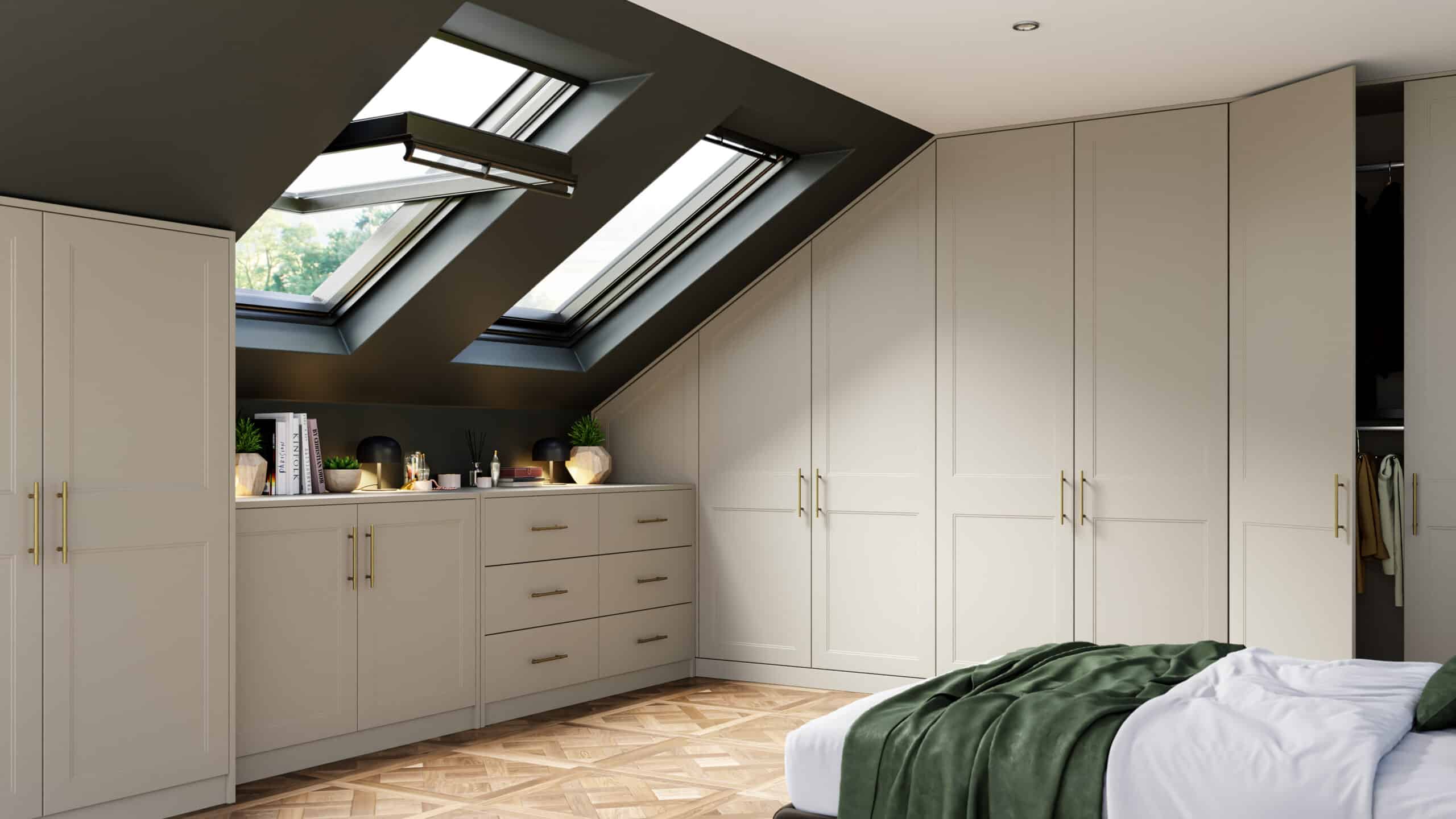 rowen supermatt taupe grey bedroom with sloping doors