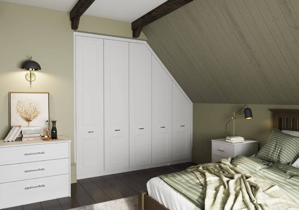 supermatt white helmsley bedroom with sloping doors