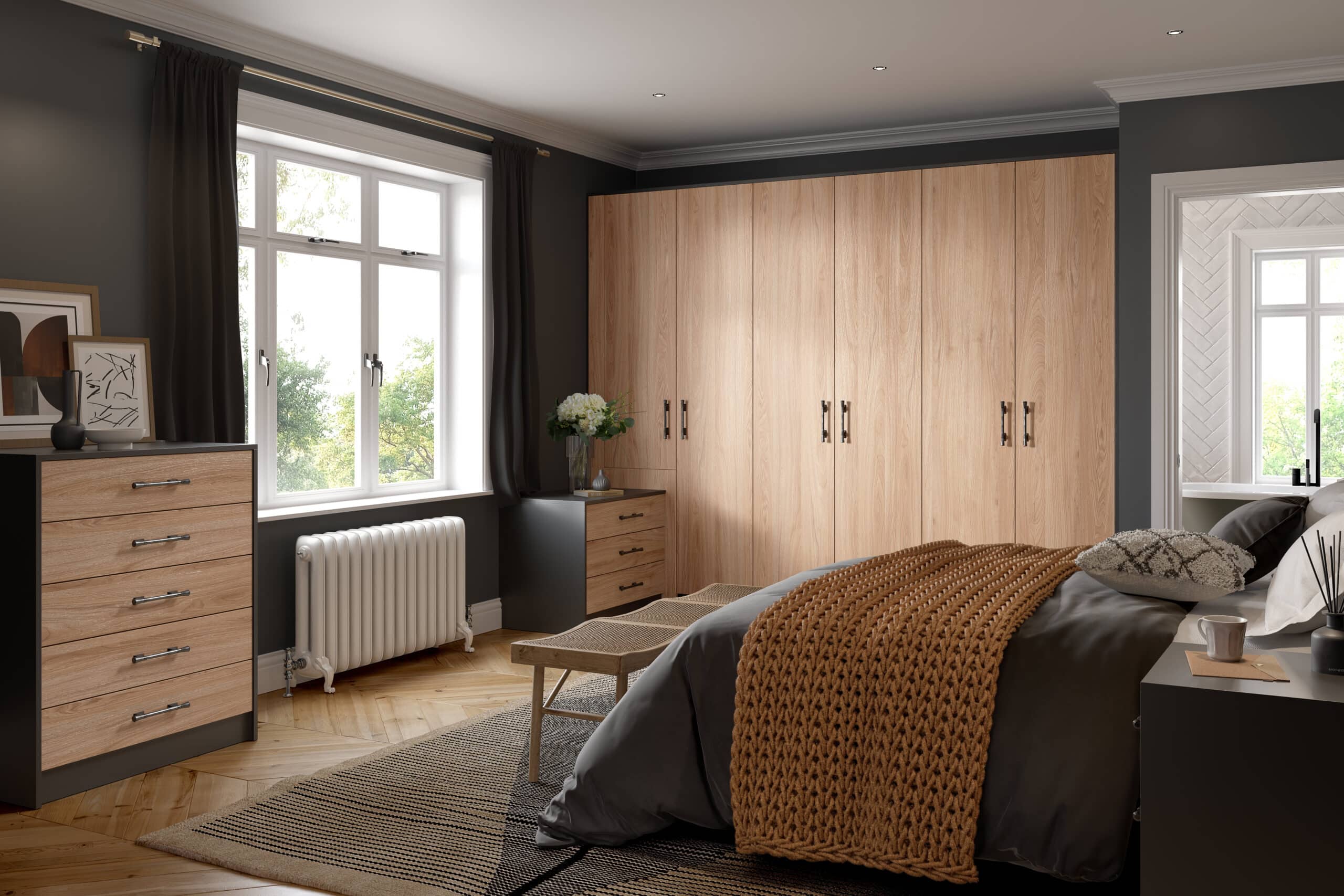 warm walnut and smooth anthracite bedroom