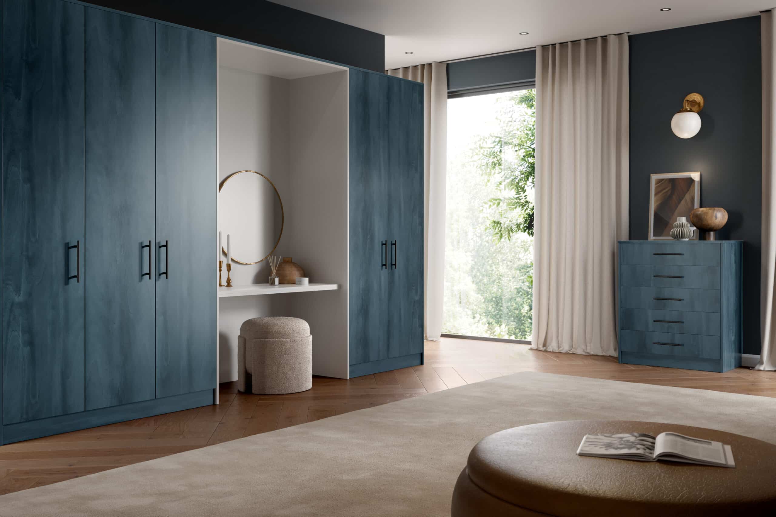 supermatt croma blue and supermatt light grey bedroom