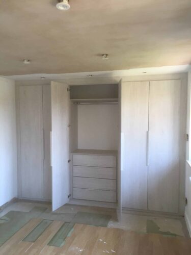 3 Hinged Double Wardrobes in White Nordic Wood with Venice style doors.