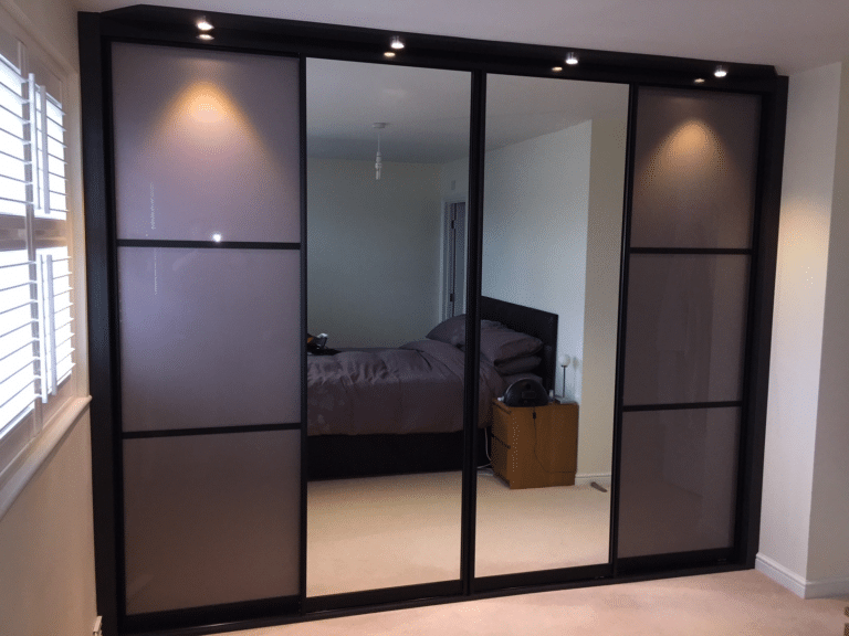 Four door black profile sliding door wardrobe with two mirrors